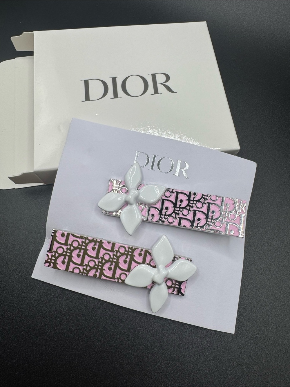 Dior Pink Monogram Flower Hair Clips with White Floral Accents